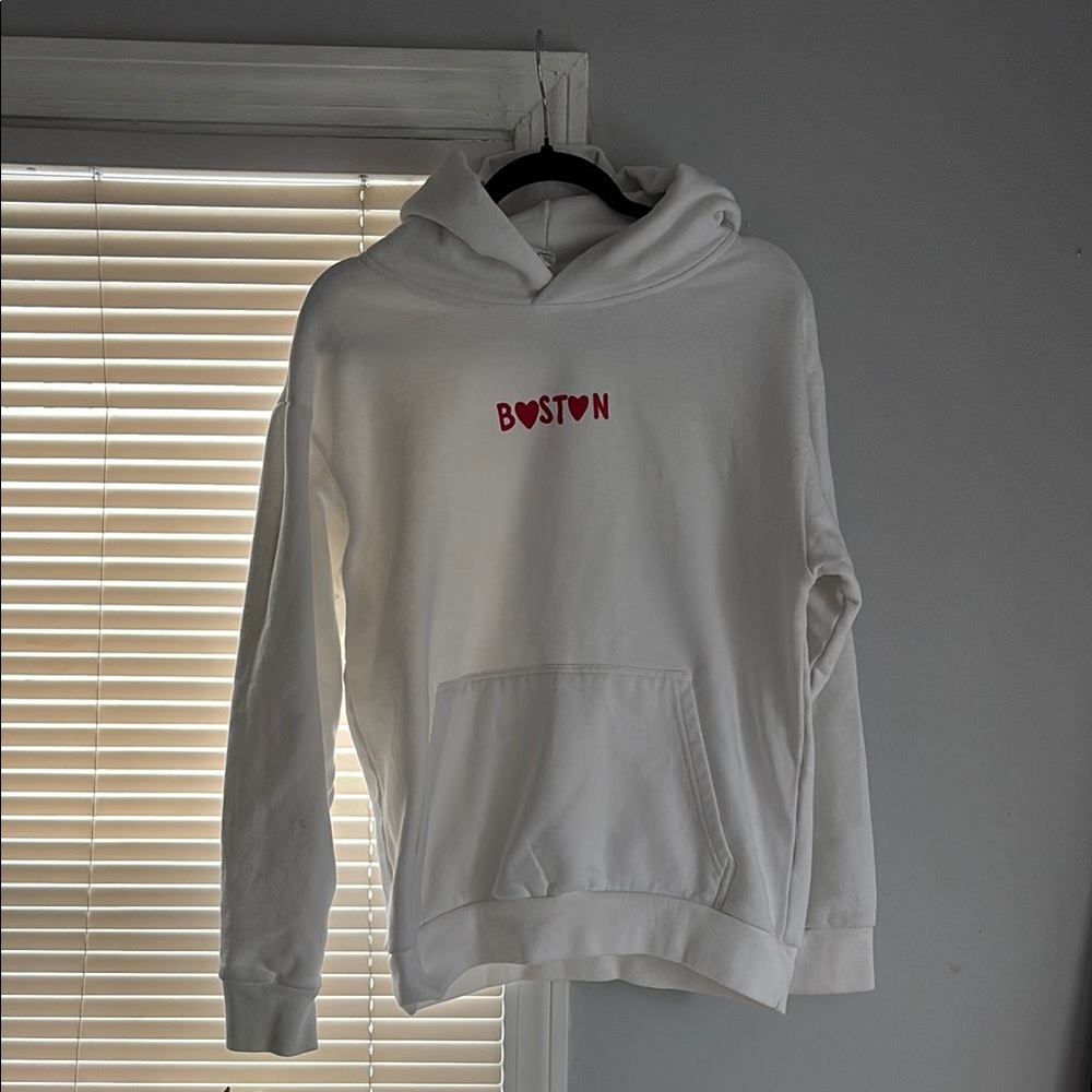 White Hoodie with Red Boston Print
